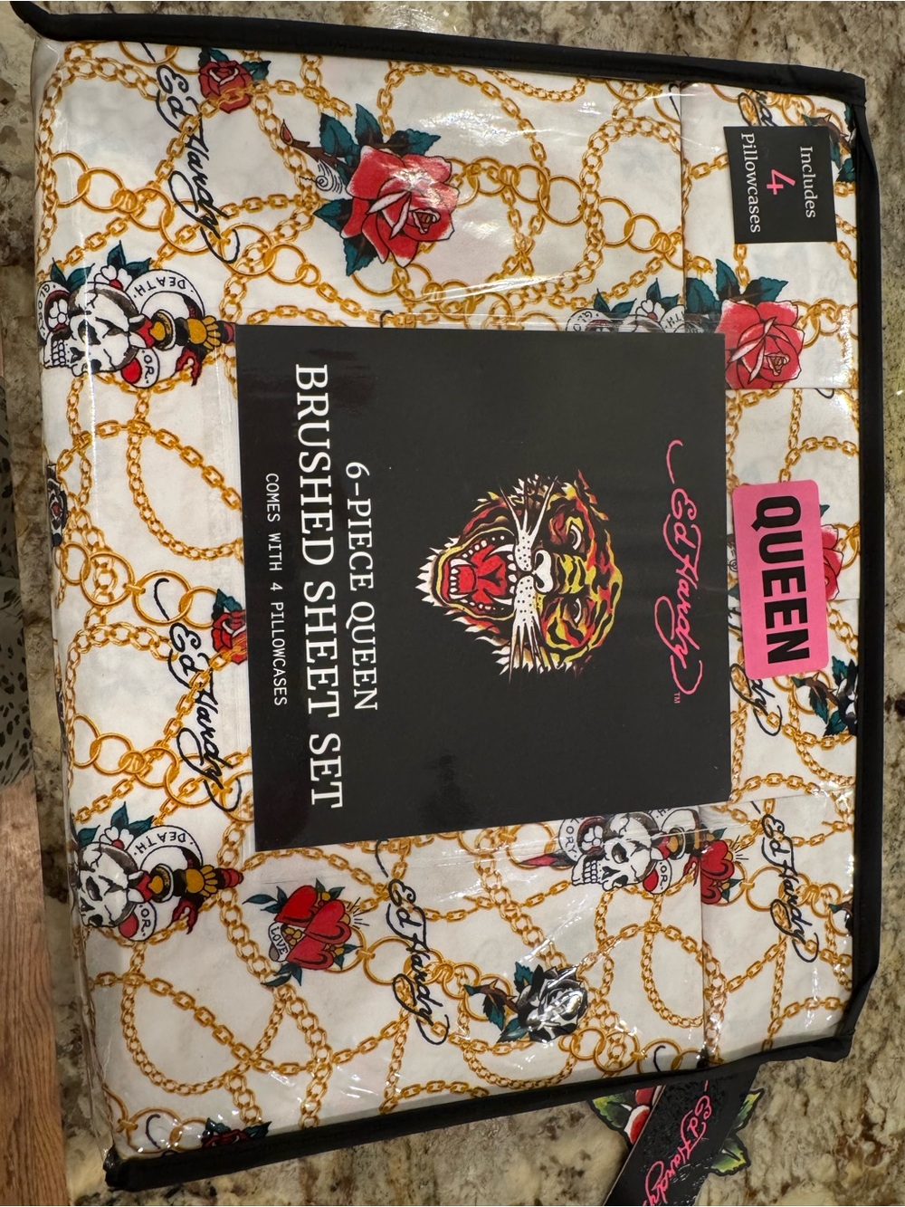 Ed Hardy White Sheet Set with Gold Chain and Red Rose Tattoo Motif